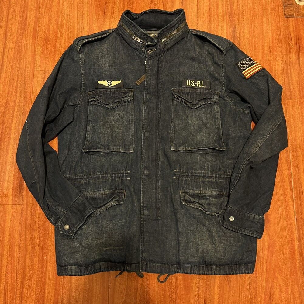 Polo Ralph Lauren Patch Field Military USA Flag Hooded Denim Jacket Men's XL